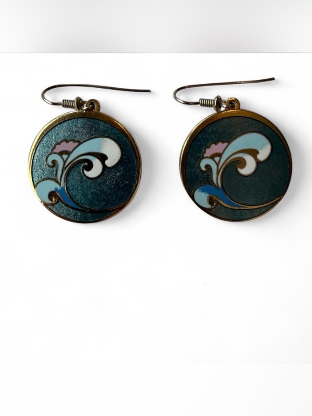 1980s Round Deep Teal Green Earrings with Artistic Flower Design